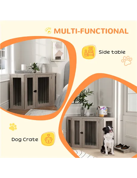 PawHut Dog Crate Furniture Side Table, with Cushion, 122 x 61 x 71cm - Walnut Brown