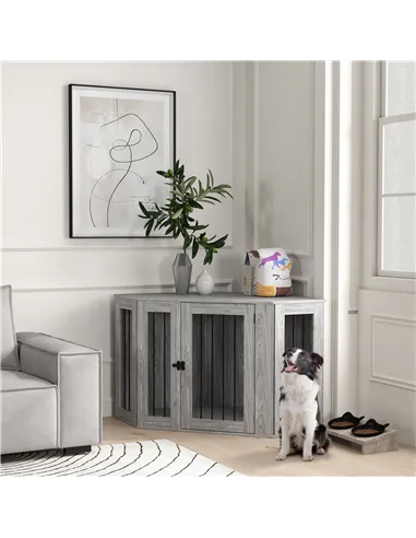 PawHut Dog Crate Furniture Side Table, with Cushion, 122 x 61 x 71cm - Grey