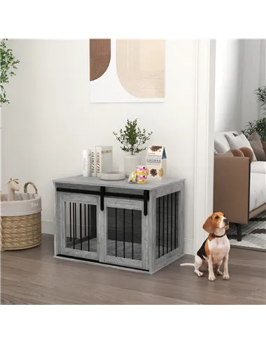 PawHut 80cm Dog Crate Furniture with Removable Cushion for Large Dogs- Grey