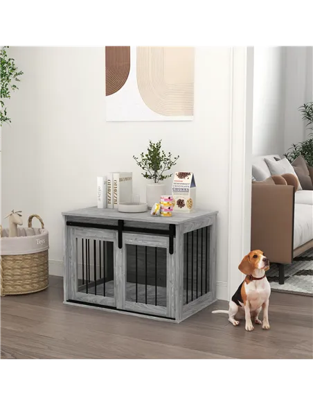 PawHut 80cm Dog Crate Furniture with Removable Cushion for Large Dogs- Grey