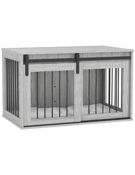 PawHut 98cm Dog Crate Furniture with Removable Cushion for Large Dogs - Grey