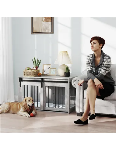 PawHut 98cm Dog Crate Furniture with Removable Cushion for Large Dogs - Grey