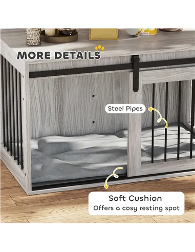 PawHut 98cm Dog Crate Furniture with Removable Cushion for Large Dogs - Grey