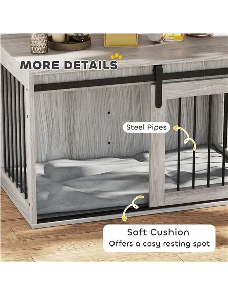 PawHut 98cm Dog Crate Furniture with Removable Cushion for Large Dogs - Grey