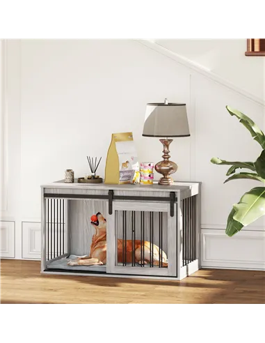 PawHut 98cm Dog Crate Furniture with Removable Cushion for Large Dogs - Grey