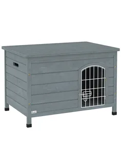 PawHut Wooden Dog House with Removable Bottom, Wire Door, Openable Top, Pet Shelter for Small Dog, 80 x 55 x 53.5cm, Dark Grey