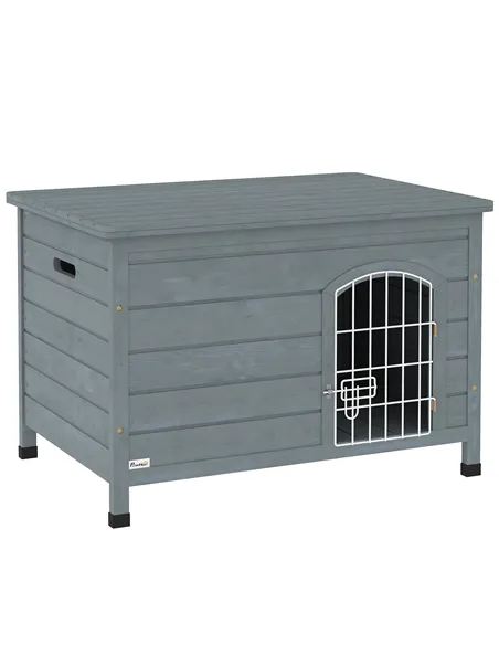 PawHut Wooden Dog House with Removable Bottom, Wire Door, Openable Top, Pet Shelter for Small Dog, 80 x 55 x 53.5cm, Dark Grey