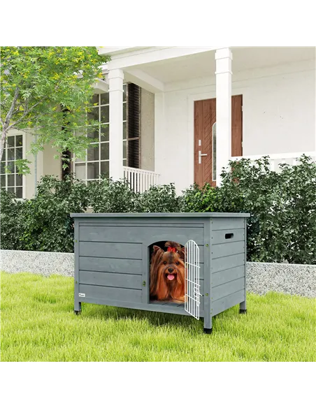 PawHut Wooden Dog House with Removable Bottom, Wire Door, Openable Top, Pet Shelter for Small Dog, 80 x 55 x 53.5cm, Dark Grey