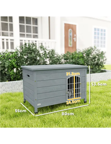 PawHut Wooden Dog House with Removable Bottom, Wire Door, Openable Top, Pet Shelter for Small Dog, 80 x 55 x 53.5cm, Dark Grey