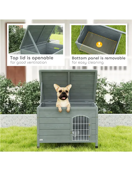 PawHut Wooden Dog House with Removable Bottom, Wire Door, Openable Top, Pet Shelter for Small Dog, 80 x 55 x 53.5cm, Dark Grey
