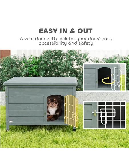 PawHut Wooden Dog House with Removable Bottom, Wire Door, Openable Top, Pet Shelter for Small Dog, 80 x 55 x 53.5cm, Dark Grey