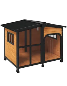 PawHut Wooden Dog Kennel with Removable Floor, Asphalt and Openable Roof, Large Window, for Large Dogs, Yellow