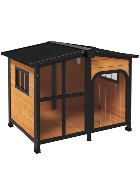 PawHut Wooden Dog Kennel with Removable Floor, Asphalt and Openable Roof, Large Window, for Large Dogs, Yellow