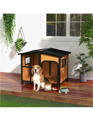 PawHut Wooden Dog Kennel with Removable Floor, Asphalt and Openable Roof, Large Window, for Large Dogs, Yellow