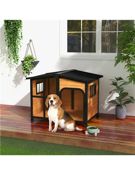 PawHut Wooden Dog Kennel with Removable Floor, Asphalt and Openable Roof, Large Window, for Large Dogs, Yellow
