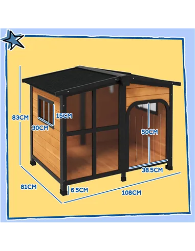 PawHut Wooden Dog Kennel with Removable Floor, Asphalt and Openable Roof, Large Window, for Large Dogs, Yellow