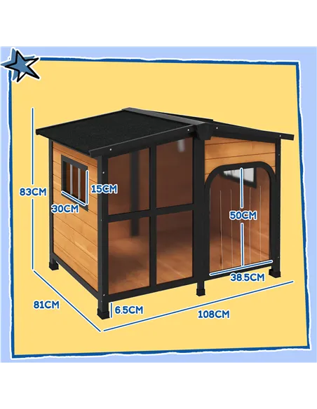 PawHut Wooden Dog Kennel with Removable Floor, Asphalt and Openable Roof, Large Window, for Large Dogs, Yellow
