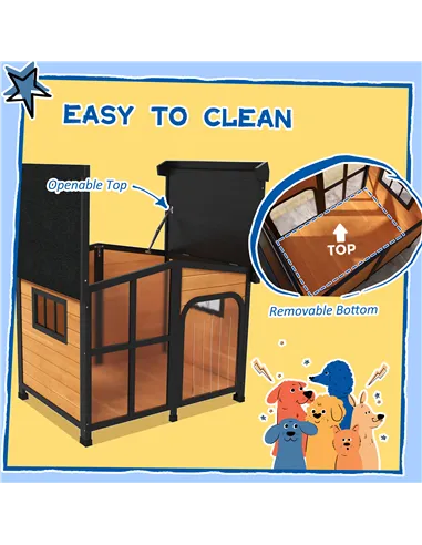 PawHut Wooden Dog Kennel with Removable Floor, Asphalt and Openable Roof, Large Window, for Large Dogs, Yellow