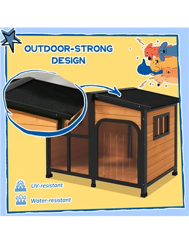 PawHut Wooden Dog Kennel with Removable Floor, Asphalt and Openable Roof, Large Window, for Large Dogs, Yellow