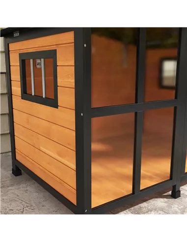 PawHut Wooden Dog Kennel with Removable Floor, Asphalt and Openable Roof, Large Window, for Large Dogs, Yellow