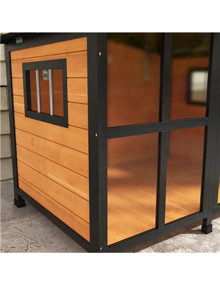 PawHut Wooden Dog Kennel with Removable Floor, Asphalt and Openable Roof, Large Window, for Large Dogs, Yellow