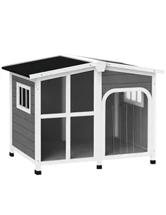 PawHut Wooden Dog Kennel with Removable Floor, Asphalt and Openable Roof, Giant Window for Large Dogs, Charcoal Grey