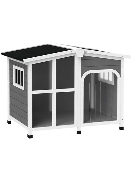 PawHut Wooden Dog Kennel with Removable Floor, Asphalt and Openable Roof, Giant Window for Large Dogs, Charcoal Grey
