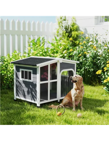 PawHut Wooden Dog Kennel with Removable Floor, Asphalt and Openable Roof, Giant Window for Large Dogs, Charcoal Grey