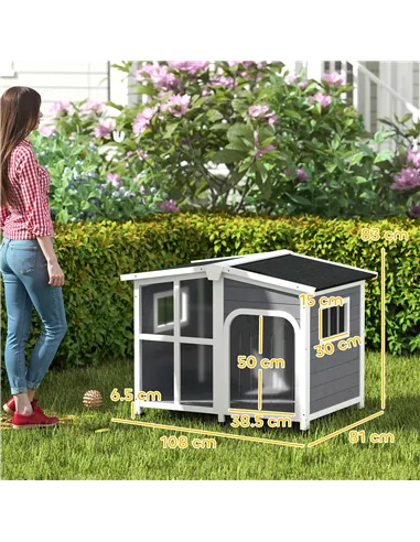 PawHut Wooden Dog Kennel with Removable Floor, Asphalt and Openable Roof, Giant Window for Large Dogs, Charcoal Grey