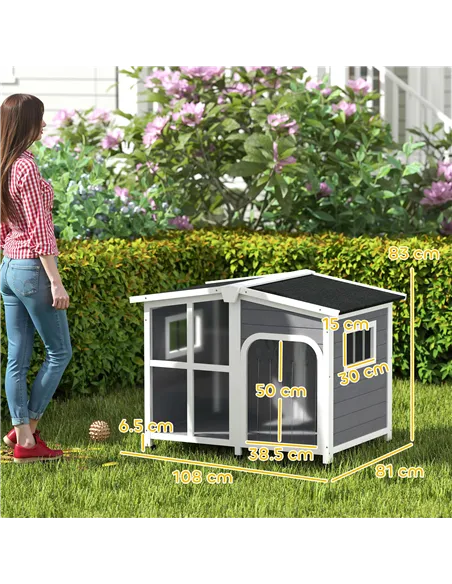 PawHut Wooden Dog Kennel with Removable Floor, Asphalt and Openable Roof, Giant Window for Large Dogs, Charcoal Grey