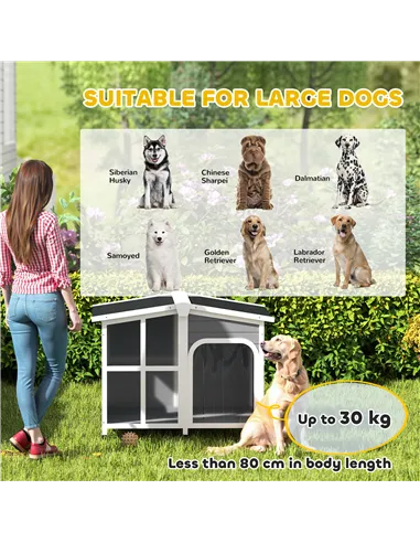 PawHut Wooden Dog Kennel with Removable Floor, Asphalt and Openable Roof, Giant Window for Large Dogs, Charcoal Grey