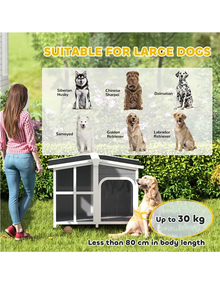 PawHut Wooden Dog Kennel with Removable Floor, Asphalt and Openable Roof, Giant Window for Large Dogs, Charcoal Grey