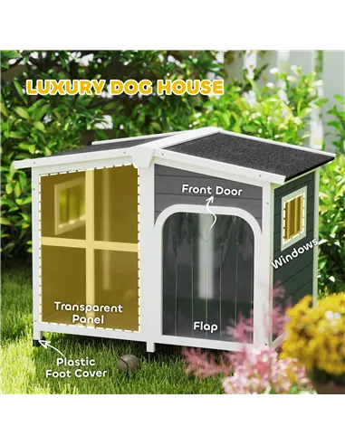 PawHut Wooden Dog Kennel with Removable Floor, Asphalt and Openable Roof, Giant Window for Large Dogs, Charcoal Grey
