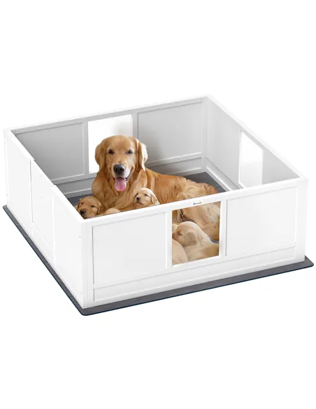 PawHut Whelping Box for Dogs with Whelping Pad, Adjustable Entrance, Non-slip Foot Pads, for Large Dogs, 124 x 120cm