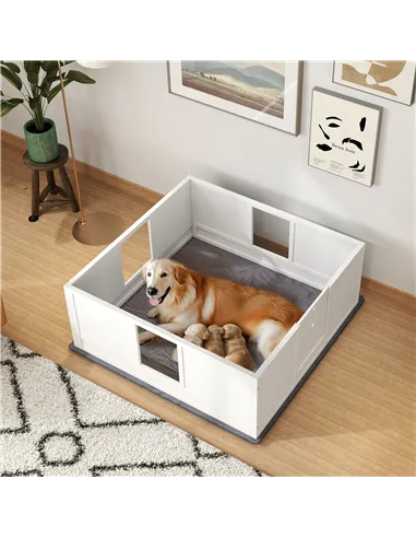 PawHut Whelping Box for Dogs with Whelping Pad, Adjustable Entrance, Non-slip Foot Pads, for Large Dogs, 124 x 120cm