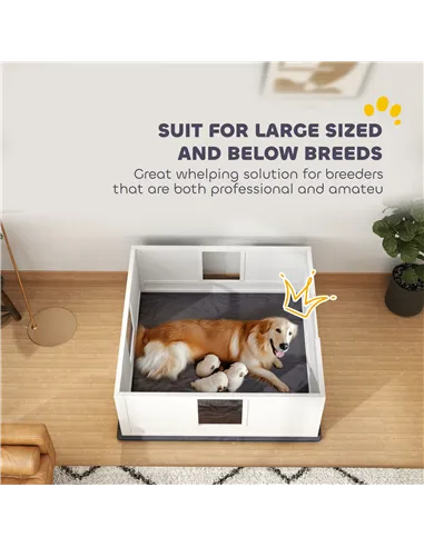 PawHut Whelping Box for Dogs with Whelping Pad, Adjustable Entrance, Non-slip Foot Pads, for Large Dogs, 124 x 120cm