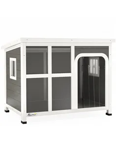 PawHut Wooden Outdoor Dog House with Asphalt Openable Top, Removable Floor, Clear Front Panel, Curtain, Light Grey
