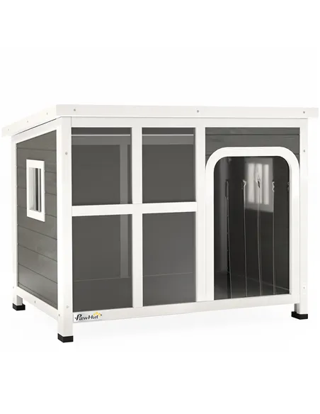 PawHut Wooden Outdoor Dog House with Asphalt Openable Top, Removable Floor, Clear Front Panel, Curtain, Light Grey