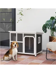 PawHut Wooden Outdoor Dog House with Asphalt Openable Top, Removable Floor, Clear Front Panel, Curtain, Light Grey 2