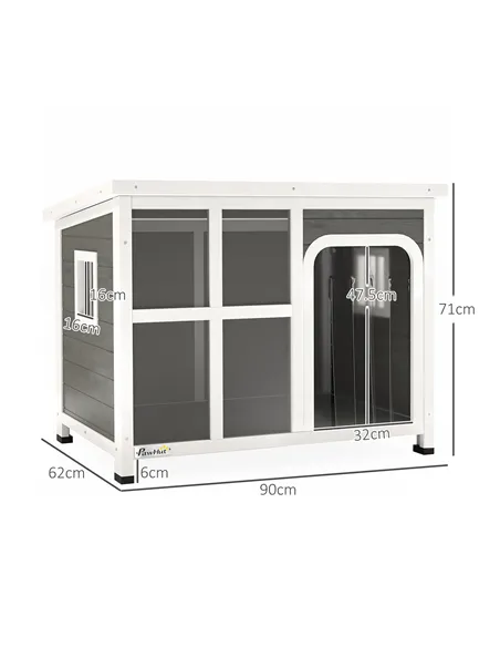 PawHut Wooden Outdoor Dog House with Asphalt Openable Top, Removable Floor, Clear Front Panel, Curtain, Light Grey