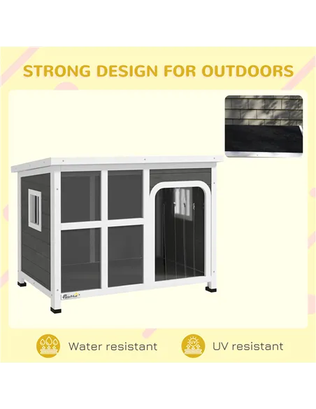 PawHut Wooden Outdoor Dog House with Asphalt Openable Top, Removable Floor, Clear Front Panel, Curtain, Light Grey
