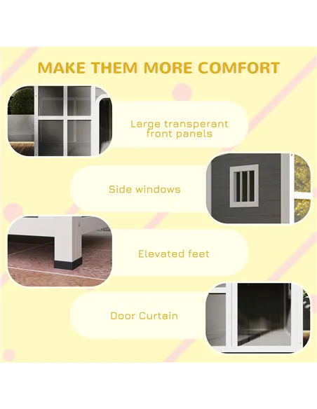 PawHut Wooden Outdoor Dog House with Asphalt Openable Top, Removable Floor, Clear Front Panel, Curtain, Light Grey