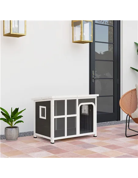 PawHut Wooden Outdoor Dog House with Asphalt Openable Top, Removable Floor, Clear Front Panel, Curtain, Light Grey