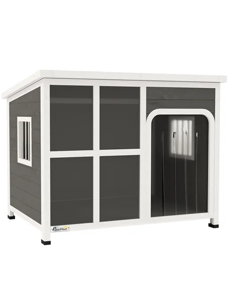 PawHut Wooden Outdoor Dog House, with Asphalt Openable Top, Removable Floor, Clear Front Panel, Curtain, 103 x 77 x 83cm