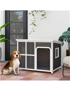 PawHut Wooden Outdoor Dog House, with Asphalt Openable Top, Removable Floor, Clear Front Panel, Curtain, 103 x 77 x 83cm 2