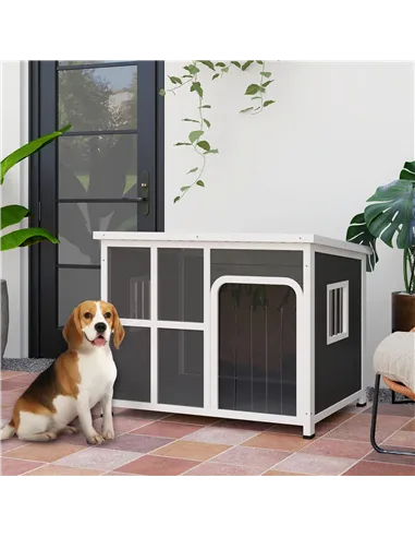 PawHut Wooden Outdoor Dog House, with Asphalt Openable Top, Removable Floor, Clear Front Panel, Curtain, 103 x 77 x 83cm