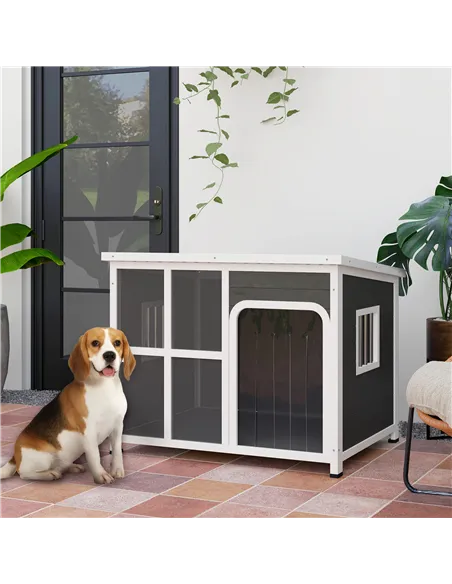 PawHut Wooden Outdoor Dog House, with Asphalt Openable Top, Removable Floor, Clear Front Panel, Curtain, 103 x 77 x 83cm