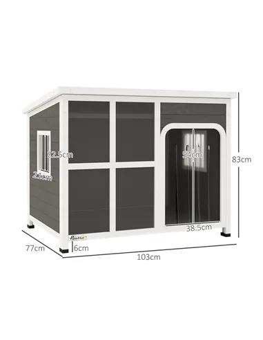 PawHut Wooden Outdoor Dog House, with Asphalt Openable Top, Removable Floor, Clear Front Panel, Curtain, 103 x 77 x 83cm