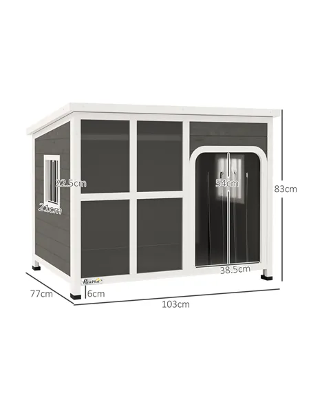 PawHut Wooden Outdoor Dog House, with Asphalt Openable Top, Removable Floor, Clear Front Panel, Curtain, 103 x 77 x 83cm