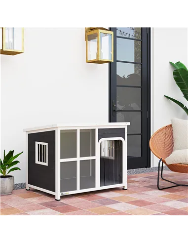 PawHut Wooden Outdoor Dog House, with Asphalt Openable Top, Removable Floor, Clear Front Panel, Curtain, 103 x 77 x 83cm